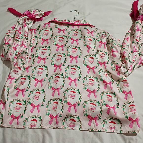 Christmas Shorty Set Santa Pink Bows Silky Soft Look Unworn 3/4-Ruffled-Sleeves - Picture 4 of 11